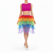 A multicolored sheer half tutu skirt with six layers, tied at the top and bottom, displayed against a white background.