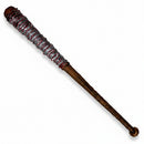 A bronze-colored baseball bat with bloody barbed wire wrapped around it.