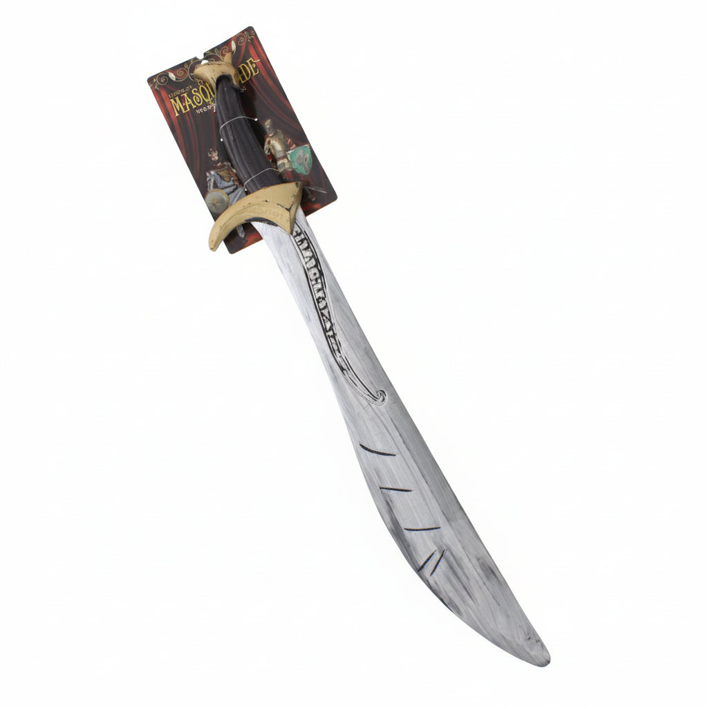 A toy pirate sword with a silver blade and brown handle, packaged in a card with pirate-themed graphics.