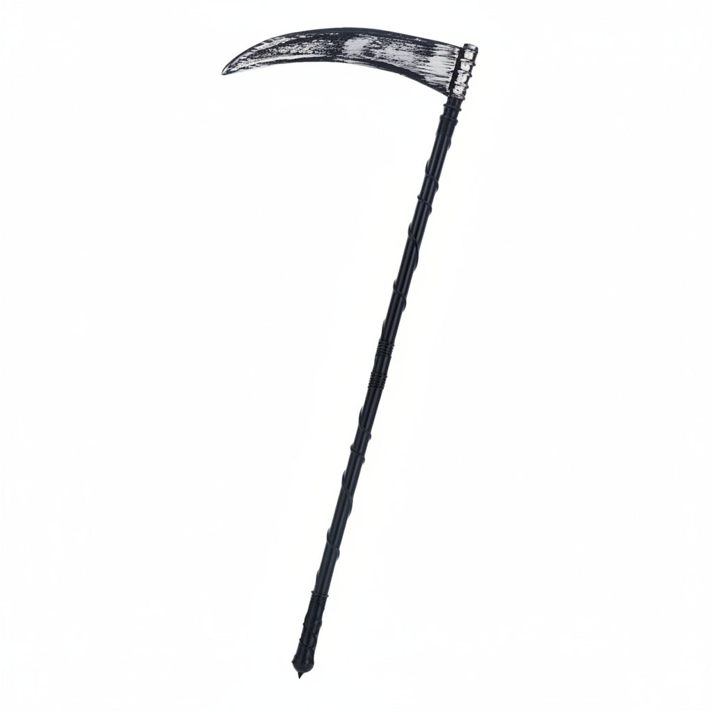 A plastic scythe with a black handle and silver blade, designed for use as a costume accessory for Halloween.