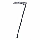 A plastic scythe with a black handle and silver blade, designed for use as a costume accessory for Halloween.