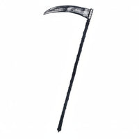 A plastic scythe with a black handle and silver blade, designed for use as a costume accessory for Halloween.