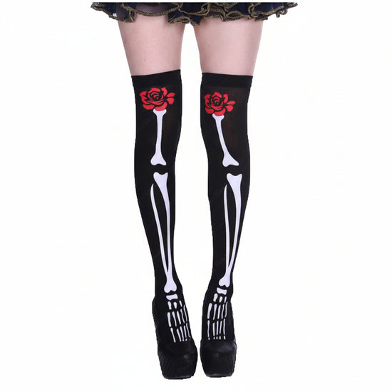 Gothic Thigh High Skeletal Rose Stockings