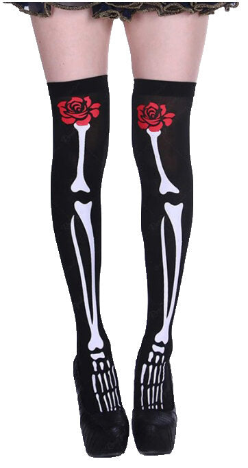 Gothic Thigh High Skeleton Stockings with Roses