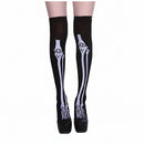 A pair of black thigh-high stockings featuring a white skeleton pattern.