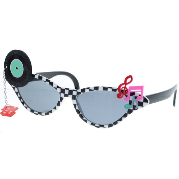 Retro Musical Themed Check Sunglasses with Chain Drop Dice