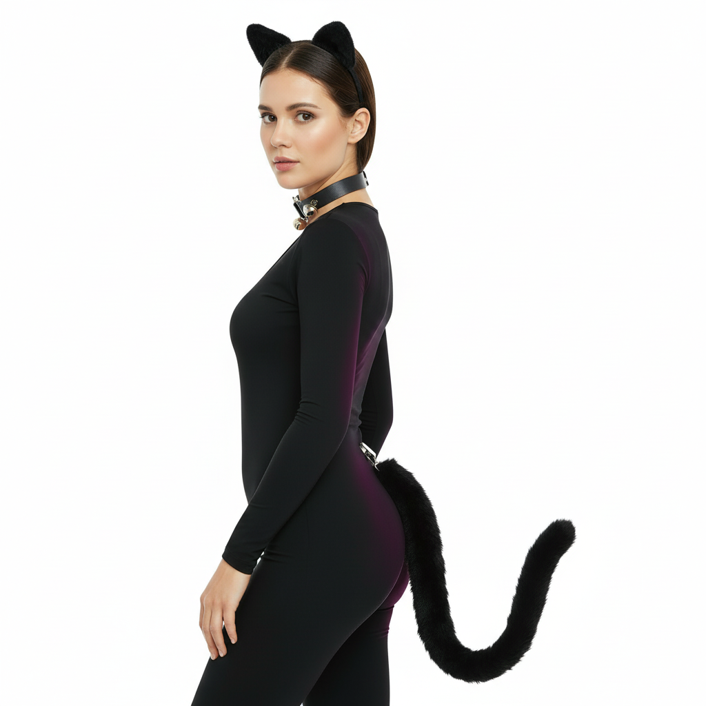 A set of black cat costume accessories including a headband with cat ears, a PU choker, and a faux fur tail with bells.