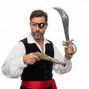 A set of pirate accessories including a pistol, a sword, an eye patch, and an earring. The pistol and sword are gold-colored, and the eye patch has a skull and crossbones design.