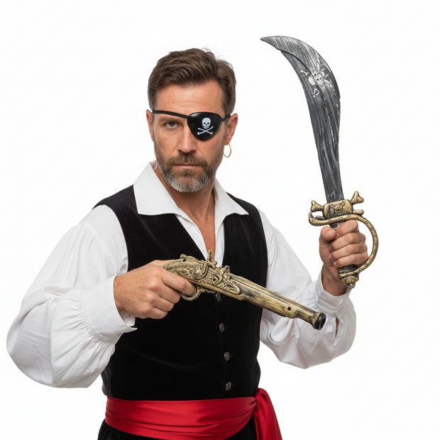 A set of pirate accessories including a pistol, a sword, an eye patch, and an earring. The pistol and sword are gold-colored, and the eye patch has a skull and crossbones design.