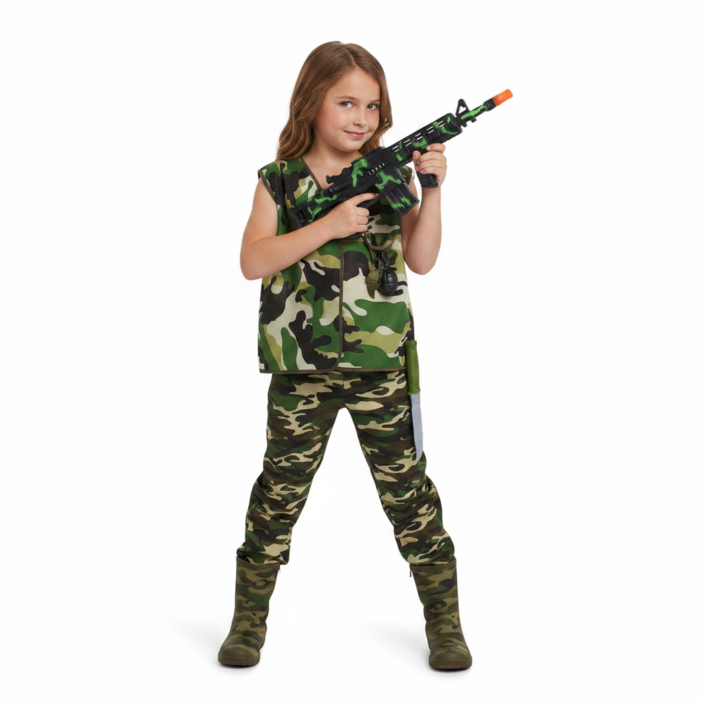 Camouflage vest with toy gun, grenade, and knife on a white background