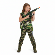 Camouflage vest with toy gun, grenade, and knife on a white background