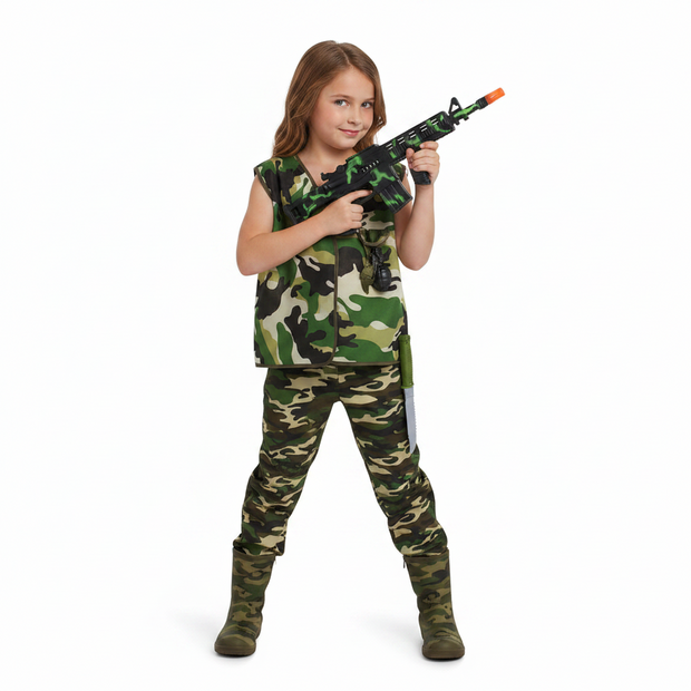 Camouflage vest with toy gun, grenade, and knife on a white background