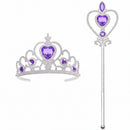 A silver tiara with purple jewels and a matching wand with a heart-shaped purple jewel on top.