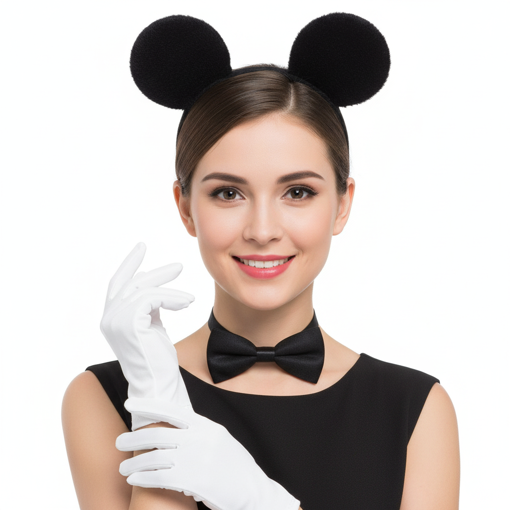 A set of children's accessories including a black mouse ears headband, a pair of white gloves, and a black bow tie.