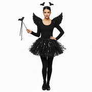 A four-piece Halloween fancy dress set including a black tutu with a bat print, black wings, a glittery bat wand, and a head bopper with bat details.
