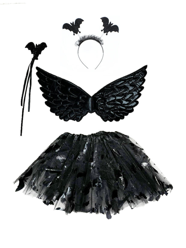 Halloween 4-Piece Bat Fancy Dress Set - Wand, Wings, Tutu &amp; Head Bopper