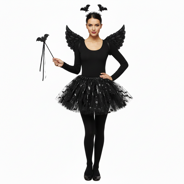 A four-piece Halloween fancy dress set including a black tutu with a bat print, black wings, a glittery bat wand, and a head bopper with bat details.