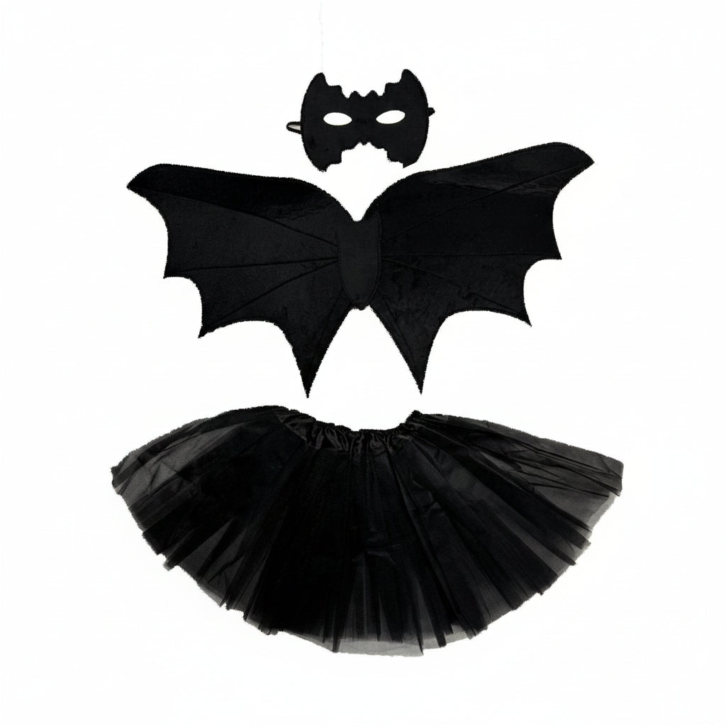 A set including black bat wings, a tutu, and a mask for a fancy dress costume.