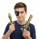 A set of pirate-themed accessories including a gold-colored dagger with black details, a black and gold gun with ornate engraving, an eye patch, and a clip-on yellow earring shaped like a skull.