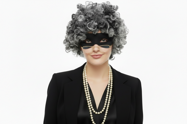 A set of costume accessories including a gray wig with bead necklace, round eyeglasses, and a black mask.
