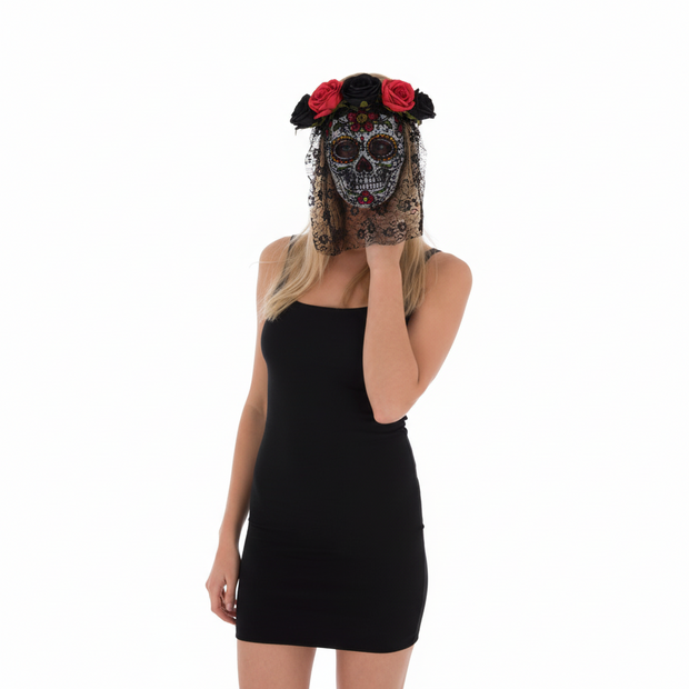 Day of the Dead Mask & Floral Lace Veil Set