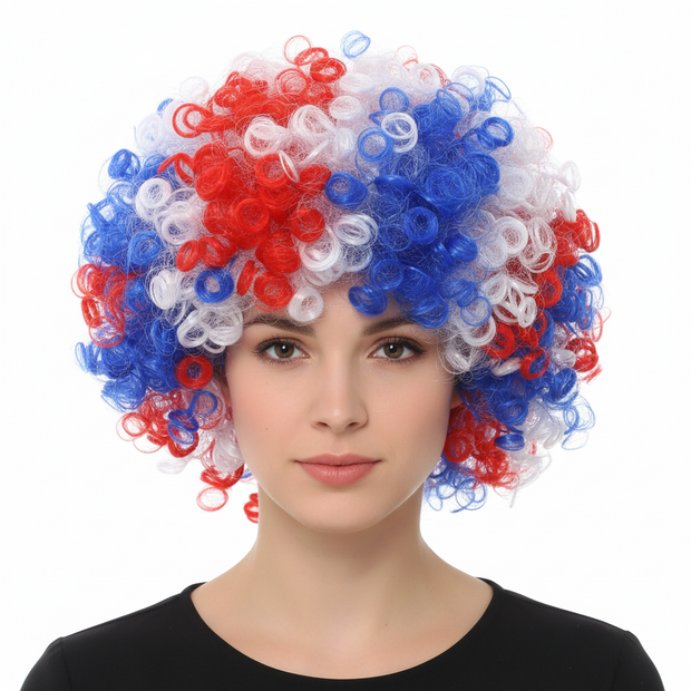 A wig with a Union Jack color scheme, featuring a mix of red, white, and blue, styled in a voluminous and curly fashion.