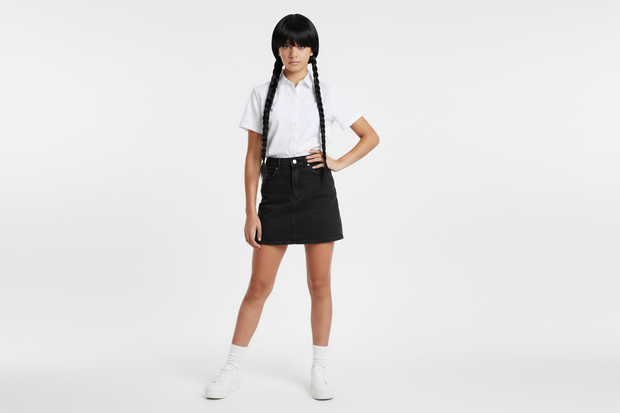 A black wig with a golden braid detail, typically used for costume or theatrical purposes.