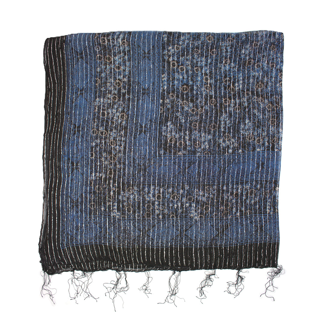 Lightweight Floral Print Square Scarf with Metallic Stripes