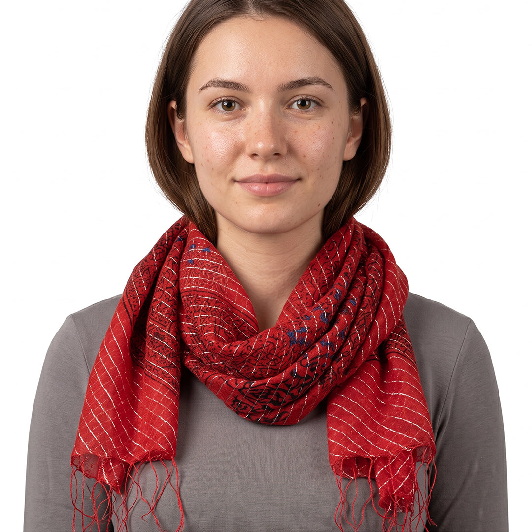 Lightweight Floral Print Square Scarf with Metallic Stripes