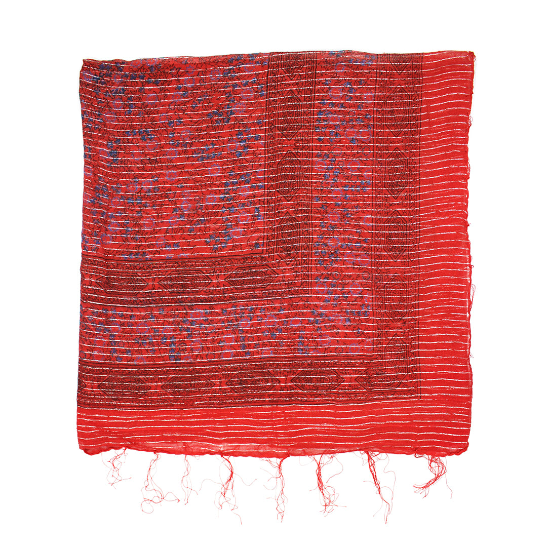 Lightweight Floral Print Square Scarf with Metallic Stripes