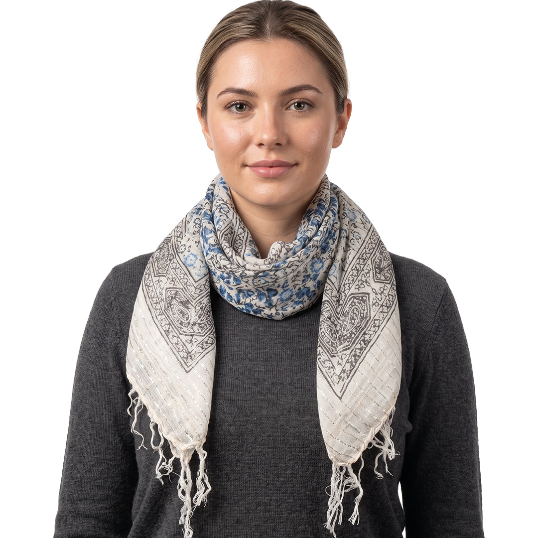 Lightweight Floral Print Square Scarf with Metallic Stripes