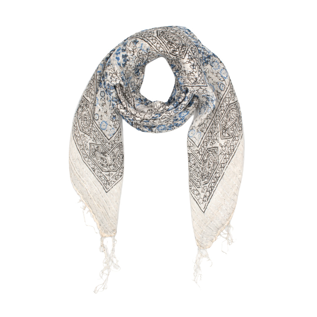 Lightweight Floral Print Square Scarf with Metallic Stripes