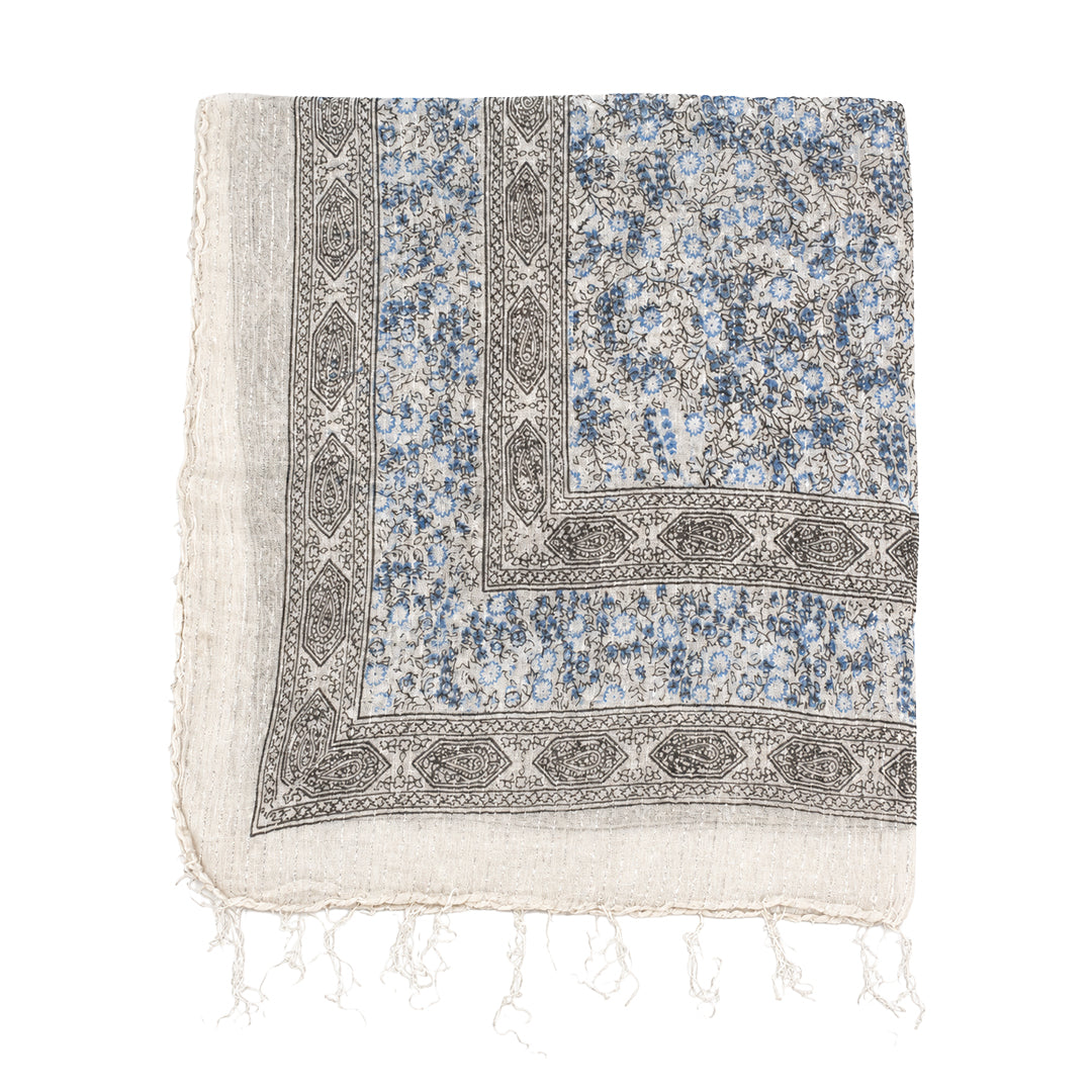 Lightweight Floral Print Square Scarf with Metallic Stripes
