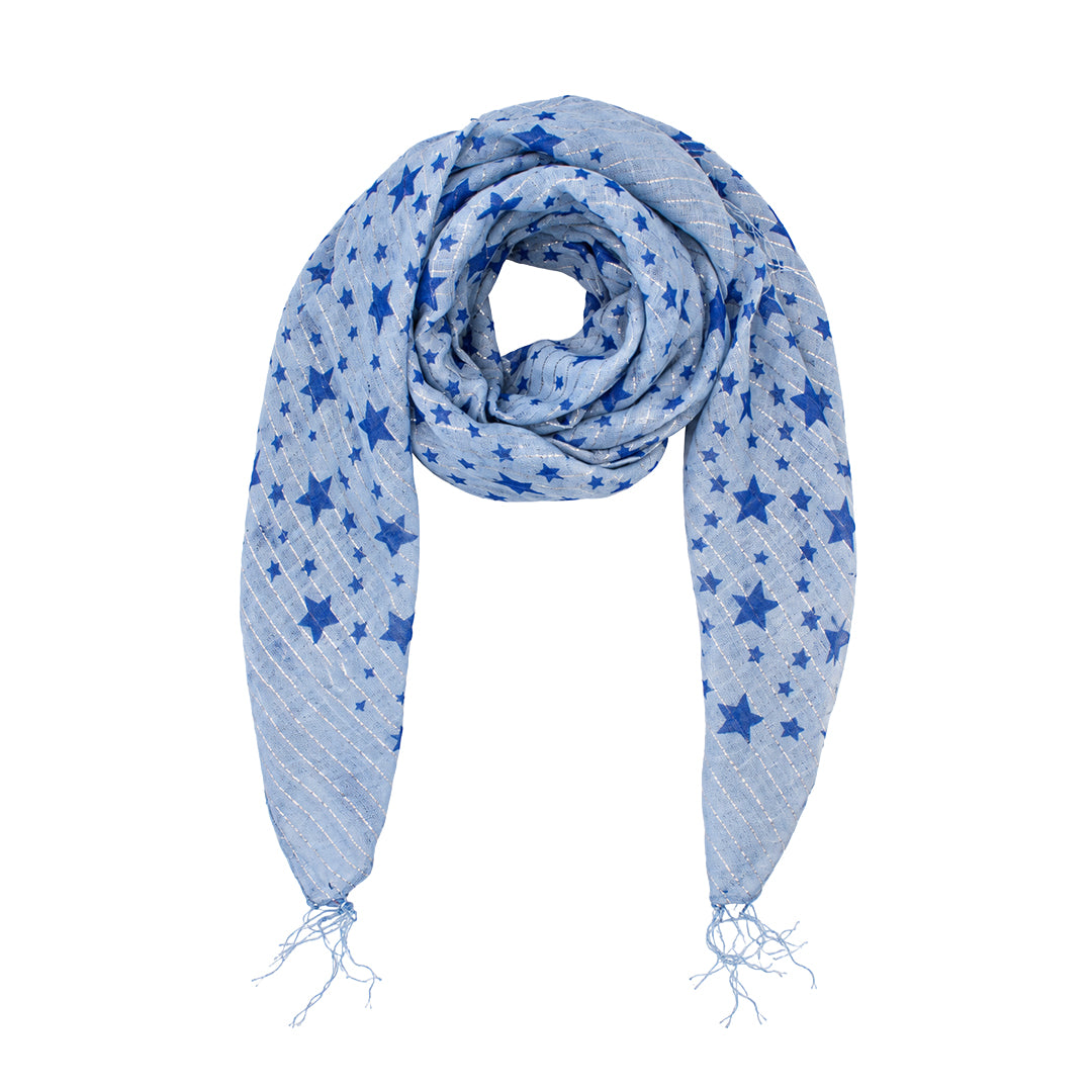 Lightweight Star Print Square Scarf with Metallic Stripes