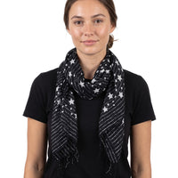 Lightweight Star Print Square Scarf with Metallic Stripes