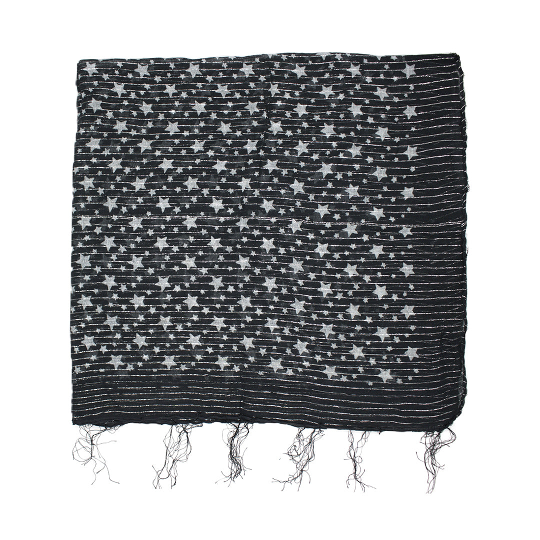 Lightweight Star Print Square Scarf with Metallic Stripes