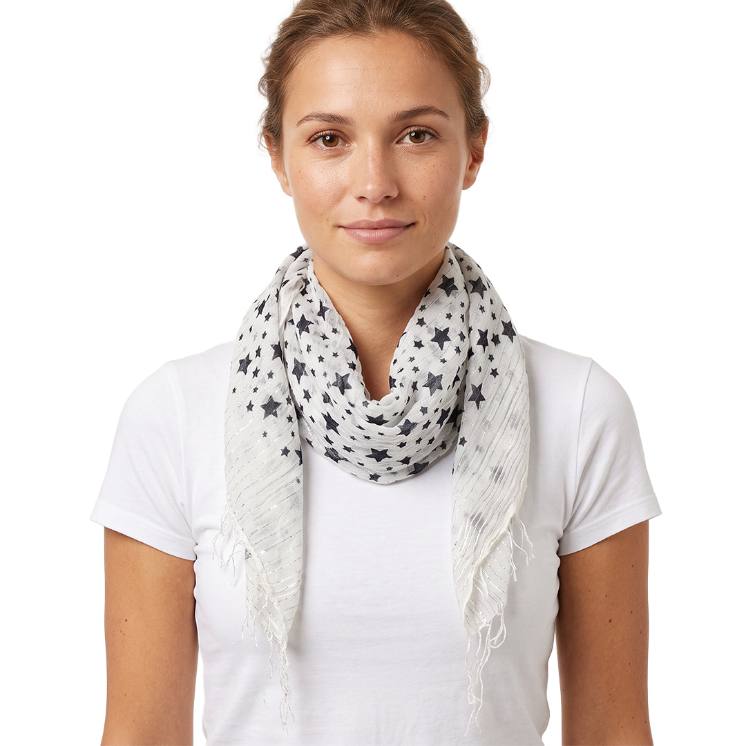 Lightweight Star Print Square Scarf with Metallic Stripes