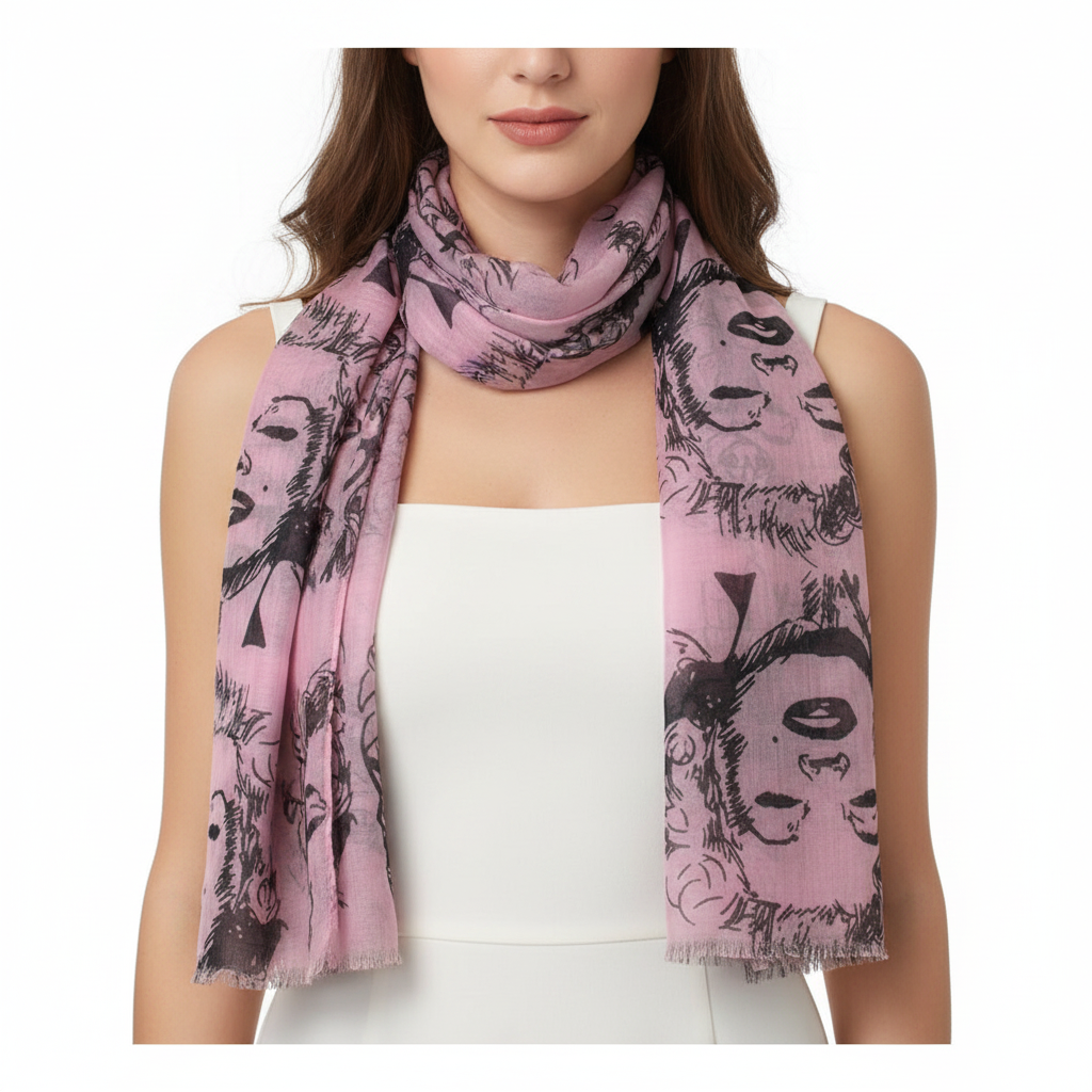 Pink scarf with black abstract designs on a white background