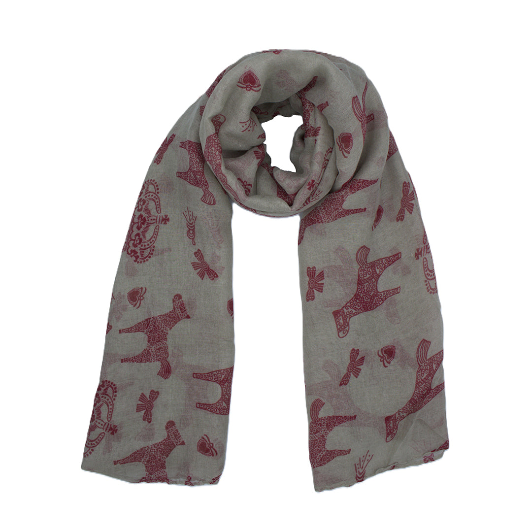Grey & Burgundy Donkey & Crown Print Scarf