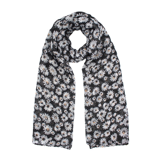 Black Daisy Floral Print Scarf