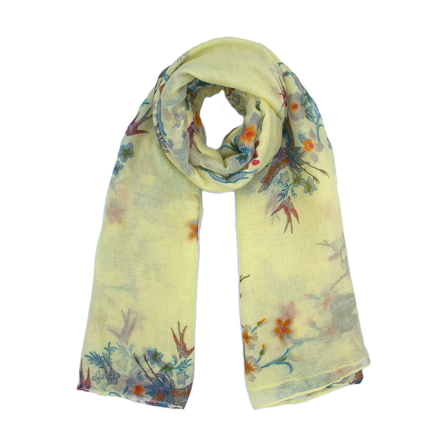 Lemon Yellow Bird & Floral Print Scarf