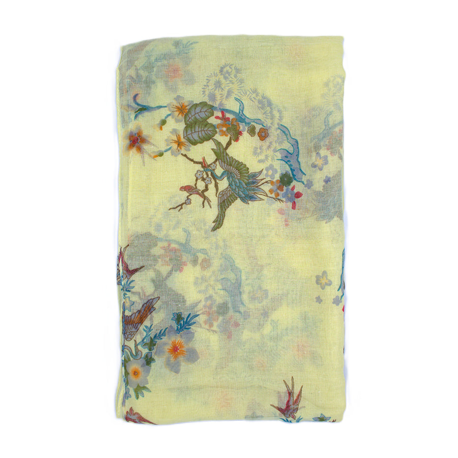 Lemon Yellow Bird & Floral Print Scarf