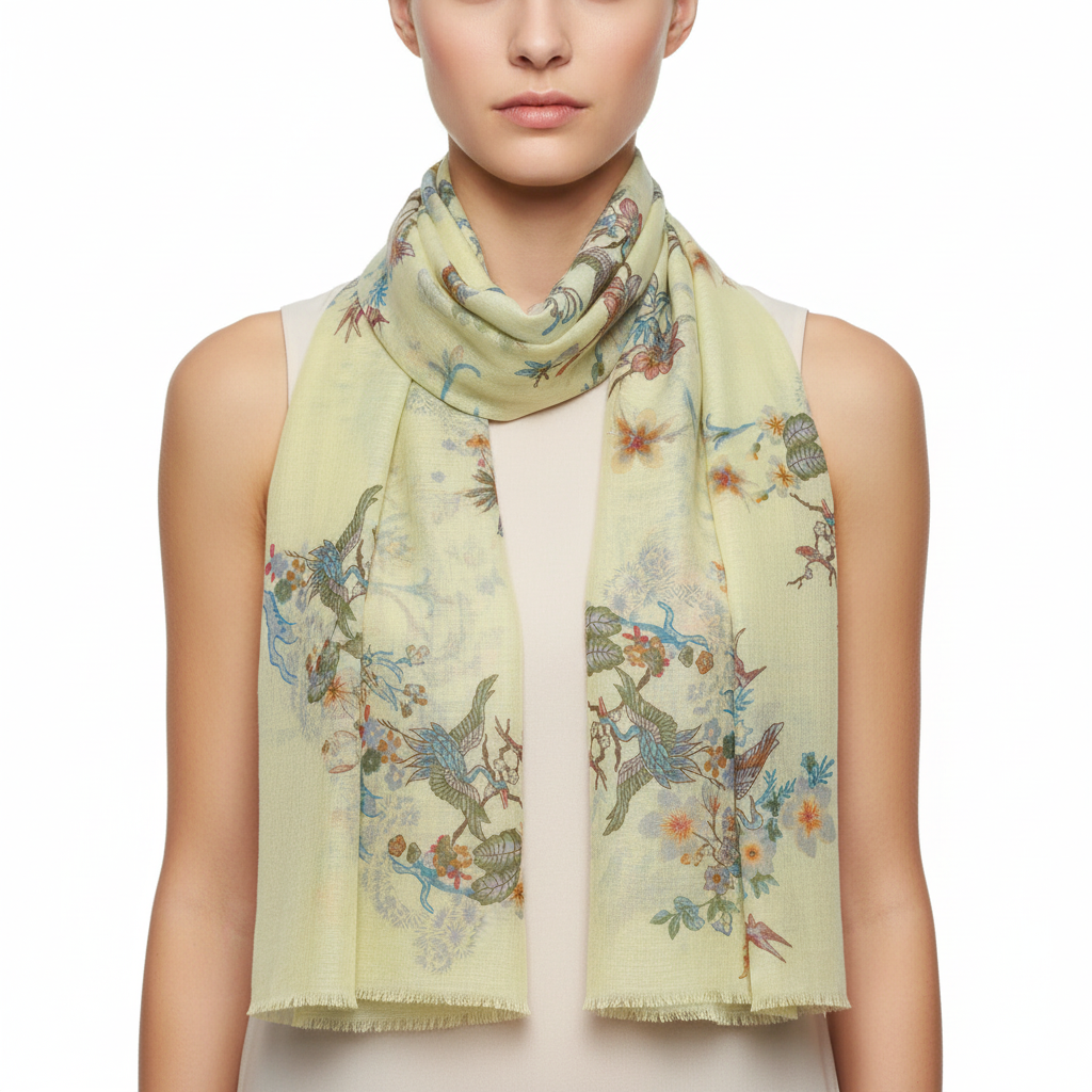 Folded fabric with colorful design on a light yellow background