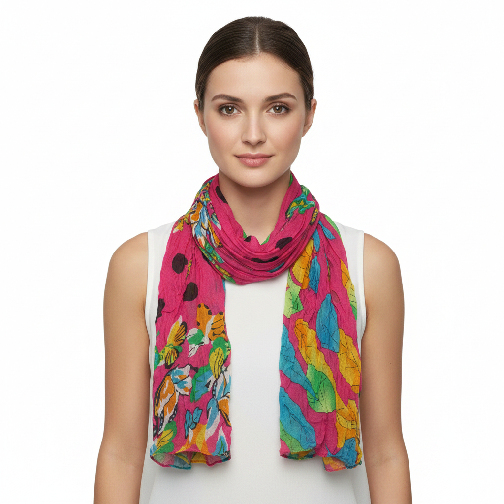 Colorful scarf with leaf pattern on a white background