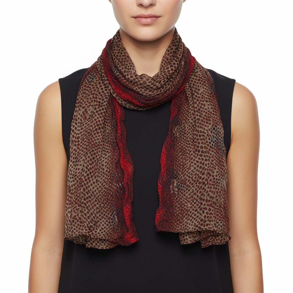 Red and brown patterned scarf on a white background