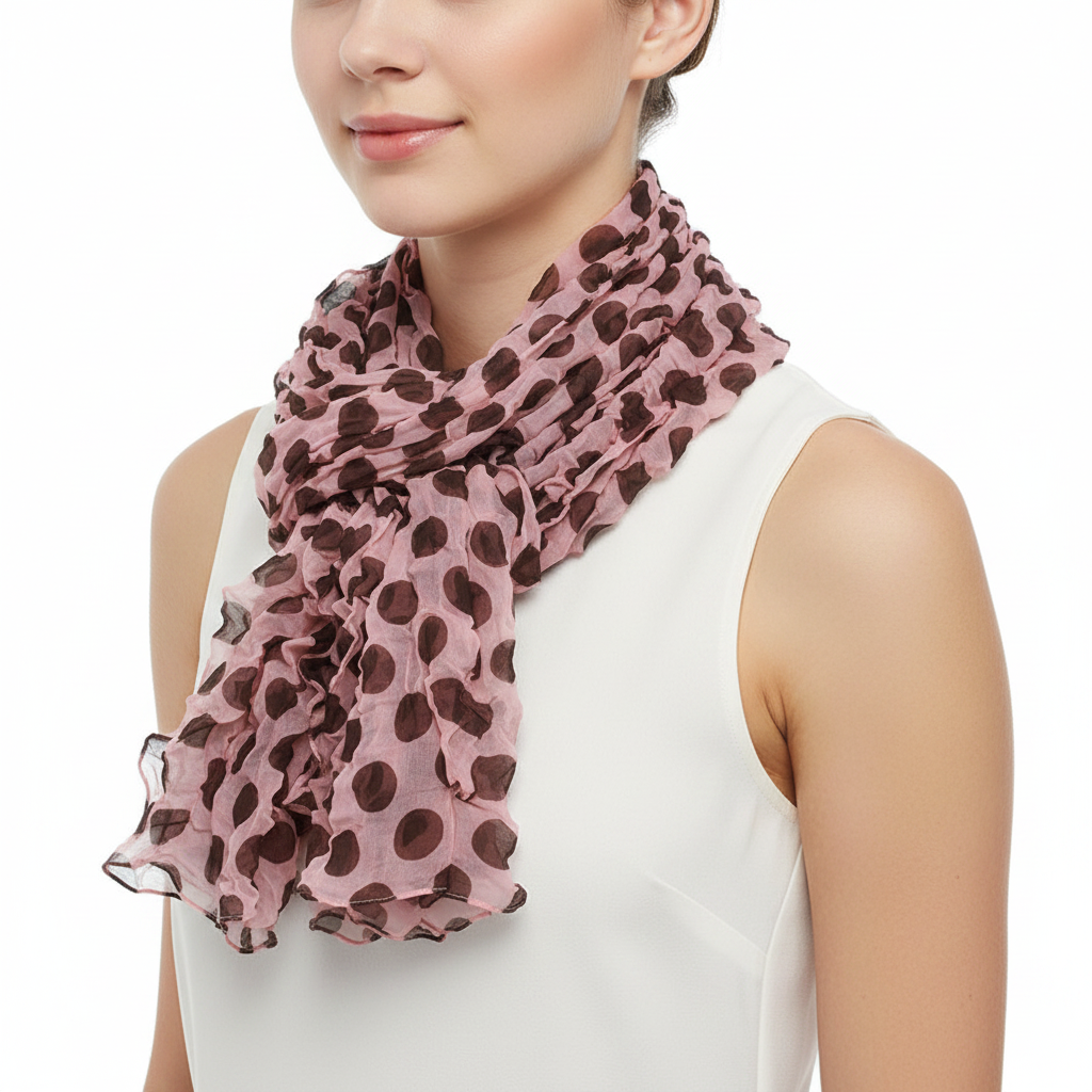 Pink and brown patterned scrunchie on a white background