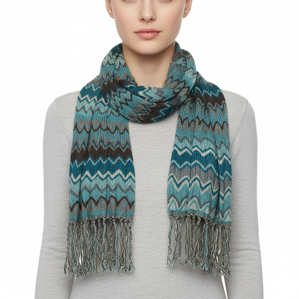 Woven scarf with zigzag pattern and fringes on a white background