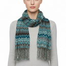 Woven scarf with zigzag pattern and fringes on a white background