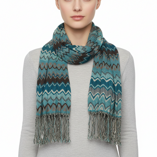Chevron Zigzag Knit Scarf with Fringe Tassels