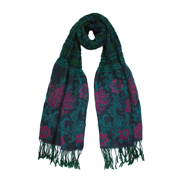 Floral Scarf with Crinkled Texture and Tassels